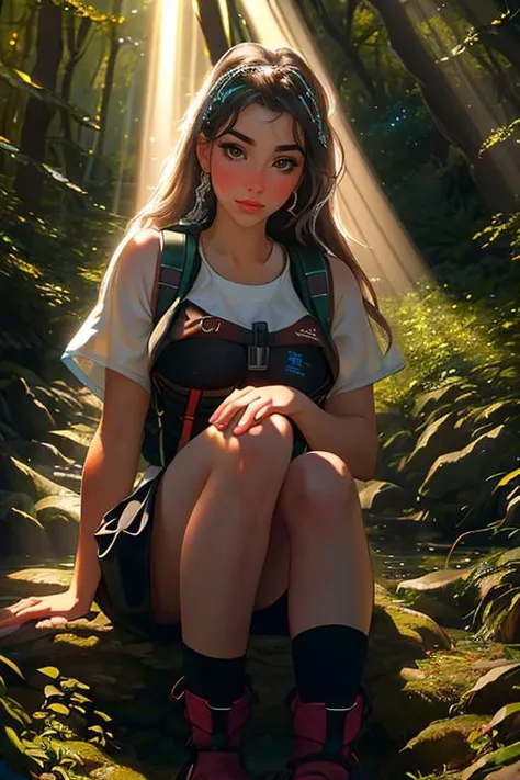 Merger_ray_matimind,
(walking by a river in a rich atmospheric (woodland forest:1.2) wearing (hiking gear:1.3), (god rays:1.3), (atmospheric:1.1), scenic:1.2),
bokeh, f1.4, 40mm, photorealistic, raw, 8k, textured skin, skin pores, intricate details  <lora:epi_noiseoffset2:1>, epiCRealism