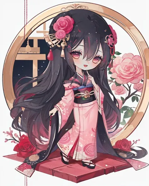 1girl, a woman, pink eyes, black hair, long hair, hair between eyes, :D,  full body, kimono, hair ornament, oiran, geisha, pink kimono, roses, pink roses, flowers, chibi,  <lora:last:1>