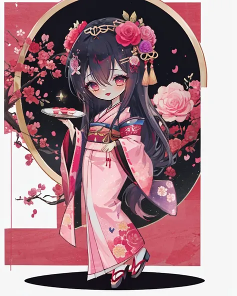 1girl, a woman, pink eyes, black hair, long hair, hair between eyes, :D,  full body, kimono, hair ornament, oiran, geisha, pink kimono, roses, pink roses, flowers, chibi,  <lora:last:1>