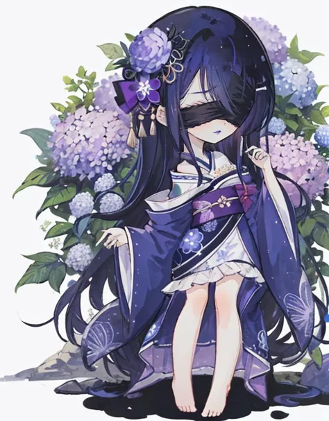 1boy, (dark blue hair:1.2), long hair, straight hair, hair between eyes, light frown, (purple lips:1.2), hair ornament, barefoot, japanese clothes, long sleeves, flower, hydrangea, sayagata, male focus, off shoulder, kimono, blindfold, (black blindfold:1.3), chibi,  <lora:last:1>