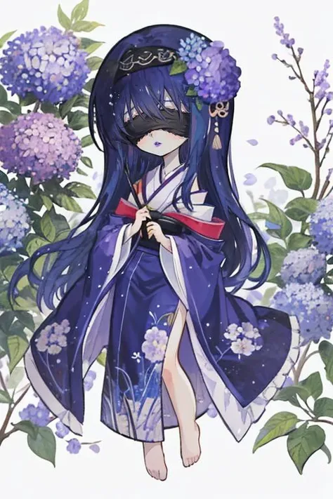 1boy, (dark blue hair:1.2), long hair, straight hair, hair between eyes, light frown, (purple lips:1.2), hair ornament, barefoot, japanese clothes, long sleeves, flower, hydrangea, oil paper umbrella, sayagata, male focus, off shoulder, kimono, blindfold, (black blindfold:1.3), chibi,  <lora:last:1>