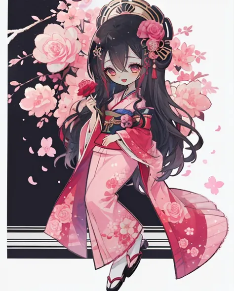 1girl, a woman, pink eyes, black hair, long hair, hair between eyes, :D,  full body, kimono, hair ornament, oiran, geisha, pink kimono, roses, pink roses, flowers, chibi,  <lora:last:1>