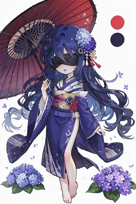 1boy, (dark blue hair:1.2), long hair, straight hair, hair between eyes, light frown, (purple lips:1.2), hair ornament, barefoot, japanese clothes, long sleeves, flower, hydrangea, oil paper umbrella, sayagata, male focus, off shoulder, kimono, blindfold, (black blindfold:1.3), chibi,  <lora:last:1>