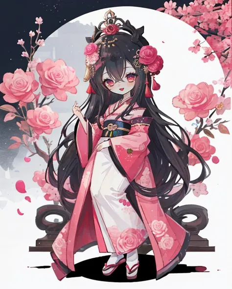 1girl, a woman, pink eyes, black hair, long hair, hair between eyes, :D,  full body, kimono, hair ornament, oiran, geisha, pink kimono, roses, pink roses, flowers, chibi,  <lora:last:1>