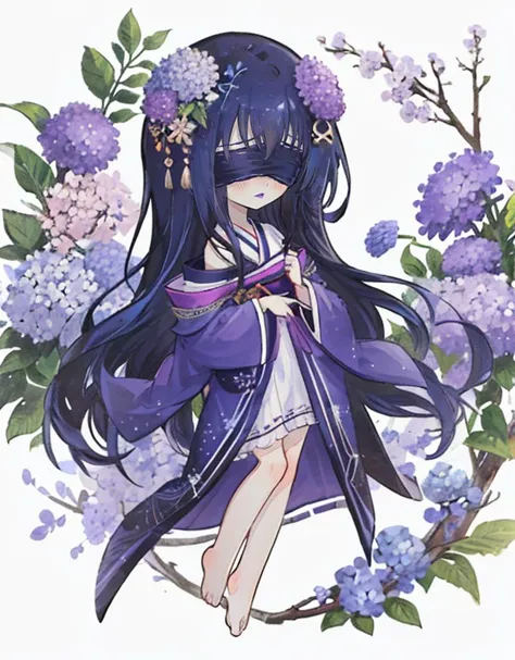 1boy, (dark blue hair:1.2), long hair, straight hair, hair between eyes, light frown, (purple lips:1.2), hair ornament, barefoot, japanese clothes, long sleeves, flower, hydrangea, sayagata, male focus, off shoulder, kimono, blindfold, (black blindfold:1.3), chibi,  <lora:last:1>