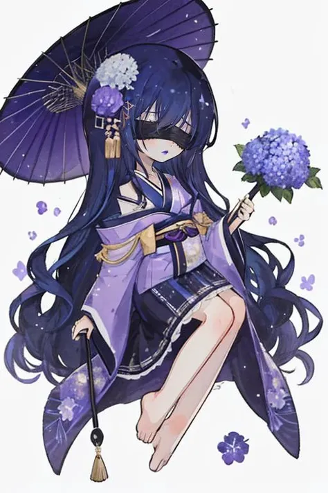 1boy, (dark blue hair:1.2), long hair, straight hair, hair between eyes, light frown, (purple lips:1.2), hair ornament, barefoot, japanese clothes, long sleeves, flower, hydrangea, oil paper umbrella, sayagata, male focus, off shoulder, kimono, blindfold, (black blindfold:1.3), chibi,  <lora:last:1>