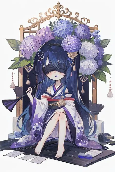 1boy, (dark blue hair:1.2), long hair, straight hair, hair between eyes, light frown, (purple lips:1.2), hair ornament, barefoot, japanese clothes, long sleeves, flower, hydrangea, oil paper umbrella, sayagata, male focus, off shoulder, kimono, blindfold, (black blindfold:1.3), chibi,  <lora:last:1>