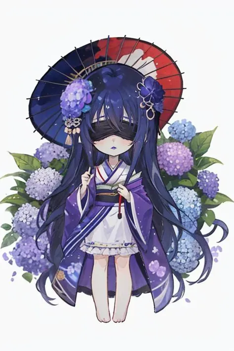 1boy, (dark blue hair:1.2), long hair, straight hair, hair between eyes, light frown, (purple lips:1.2), hair ornament, barefoot, japanese clothes, long sleeves, flower, hydrangea, oil paper umbrella, sayagata, male focus, off shoulder, kimono, blindfold, (black blindfold:1.3), chibi,  <lora:last:1>