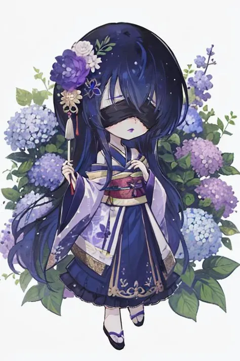 1boy, (dark blue hair:1.2), long hair, straight hair, hair between eyes, light frown, (purple lips:1.2), hair ornament, barefoot, japanese clothes, long sleeves, flower, hydrangea, oil paper umbrella, sayagata, male focus, off shoulder, kimono, blindfold, (black blindfold:1.3), chibi,  <lora:last:1>