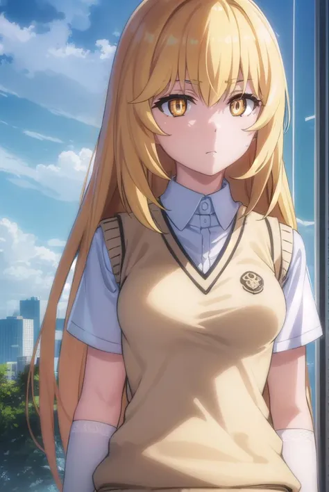 misakishokuhou, <lyco:misaki shokuhou s3-lyco-nochekaiser:1>,
misaki shokuhou, blonde hair, hair between eyes, long hair, (symbol-shaped pupils:1.5), + +, (yellow eyes:1.5), (medium breasts:1.2),
BREAK elbow gloves, gloves, school uniform, short sleeves, summer uniform, sweater vest, tokiwadai school uniform, white gloves, (light brown sweater vest:1.2),
BREAK outdoor, city, sky, sun, clouds,
BREAK looking at viewer, (cowboy shot:1.5),
BREAK <lyco:GoodHands-beta2:1>, (masterpiece:1.2), best quality, high resolution, unity 8k wallpaper, (illustration:0.8), (beautiful detailed eyes:1.6), extremely detailed face, perfect lighting, extremely detailed CG, (perfect hands, perfect anatomy),