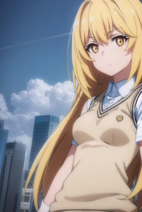 misakishokuhou, <lyco:misaki shokuhou s3-lyco-nochekaiser:1>, 
misaki shokuhou, blonde hair, hair between eyes, long hair, (symbol-shaped pupils:1.5), + +, (yellow eyes:1.5), (medium breasts:1.2),
BREAK elbow gloves, gloves, school uniform, short sleeves, summer uniform, sweater vest, tokiwadai school uniform, white gloves, (light brown sweater vest:1.2),
BREAK outdoor, city, sky, sun, clouds,
BREAK looking at viewer, (cowboy shot:1.5),
BREAK <lyco:GoodHands-beta2:1>, (masterpiece:1.2), best quality, high resolution, unity 8k wallpaper, (illustration:0.8), (beautiful detailed eyes:1.6), extremely detailed face, perfect lighting, extremely detailed CG, (perfect hands, perfect anatomy),