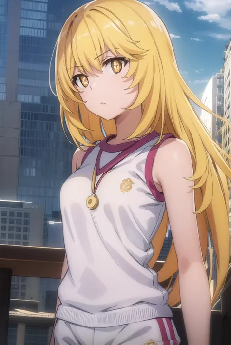 misakishokuhou, <lyco:misaki shokuhou s3-lyco-nochekaiser:1>, 
misaki shokuhou, blonde hair, hair between eyes, long hair, (symbol-shaped pupils:1.5), + +, (yellow eyes:1.5), (medium breasts:1.2),
BREAK bare shoulders, gloves, gym shirt, gym shorts, gym uniform, shirt, short shorts, shorts, sleeveless, sleeveless shirt, thighhighs, tokiwadai school gym uniform, white gloves, white shirt, white shorts, white thighhighs,
BREAK outdoor, city, sky, sun, clouds,
BREAK looking at viewer, (cowboy shot:1.5),
BREAK <lyco:GoodHands-beta2:1>, (masterpiece:1.2), best quality, high resolution, unity 8k wallpaper, (illustration:0.8), (beautiful detailed eyes:1.6), extremely detailed face, perfect lighting, extremely detailed CG, (perfect hands, perfect anatomy),