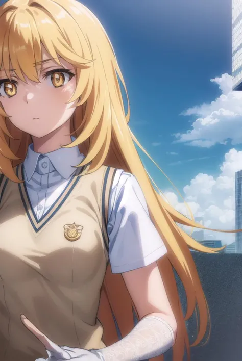 misakishokuhou, <lyco:misaki shokuhou s3-lyco-nochekaiser:1>,
misaki shokuhou, blonde hair, hair between eyes, long hair, (symbol-shaped pupils:1.5), + +, (yellow eyes:1.5), (medium breasts:1.2),
BREAK elbow gloves, gloves, school uniform, short sleeves, summer uniform, sweater vest, tokiwadai school uniform, white gloves, (light brown sweater vest:1.2),
BREAK outdoor, city, sky, sun, clouds,
BREAK looking at viewer, (cowboy shot:1.5),
BREAK <lyco:GoodHands-beta2:1>, (masterpiece:1.2), best quality, high resolution, unity 8k wallpaper, (illustration:0.8), (beautiful detailed eyes:1.6), extremely detailed face, perfect lighting, extremely detailed CG, (perfect hands, perfect anatomy),