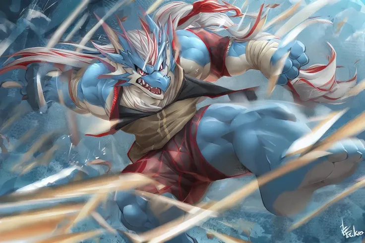 hydoor, dragon, red eyes, blue body, white hair, long hair, anthro, solo, clothing, male, muscular, first person view, by takemoto arashi, lindong, running, (speed lines:1.3), wallpaper, detailed background, sea, action pose, dramatic angal, dynamic pose