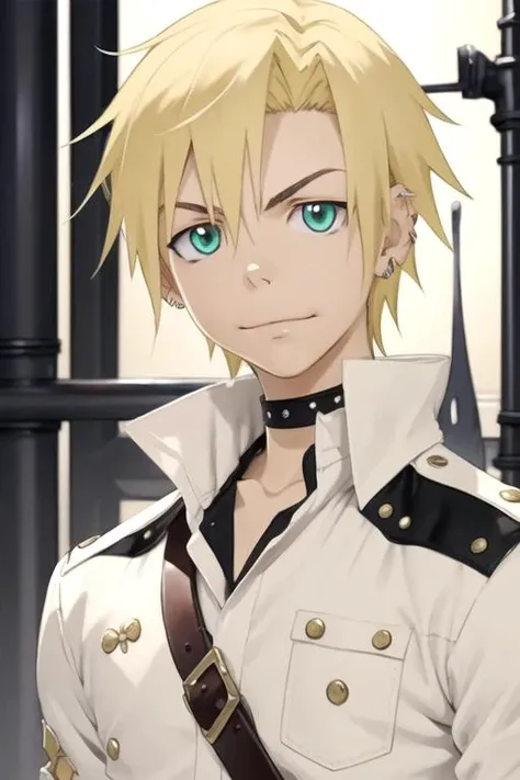 masterpiece, best quality, wallpaper, 1boy, solo, male focus, looking at viewer, , , , , <lora:hiro_soul_eater:0.72>, hiro_soul_eater, blonde hair, green eyes, ranger costume, industrial,