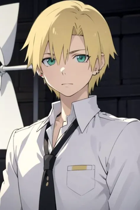 masterpiece, best quality, game cg, 1boy, solo, male focus, looking at viewer, upper body, depth of field, anime coloring, realistic, <lora:hiro_soul_eater:0.66>, hiro_soul_eater, blonde hair, green eyes, , windmill,