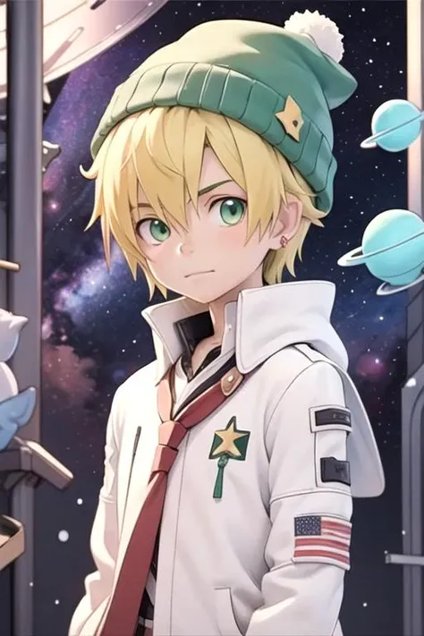 masterpiece, best quality, still, 1boy, solo, male focus, looking at viewer, upper body, , anime coloring, , <lora:hiro_soul_eater:0.70>, hiro_soul_eater, blonde hair, green eyes, , beanie, space station,