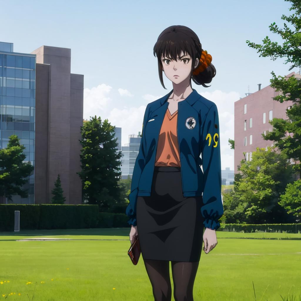 Anime girl in a blue jacket and skirt standing in a field - SeaArt AI