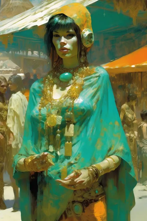 <lora:Craig Mullins Style:1>Craig Mullins Style - orange-skinned woman she is selling alien trinkets, at the alien market, wearing a turquoise and gold transparent poncho style of Dean Cornwell orange-skinned woman