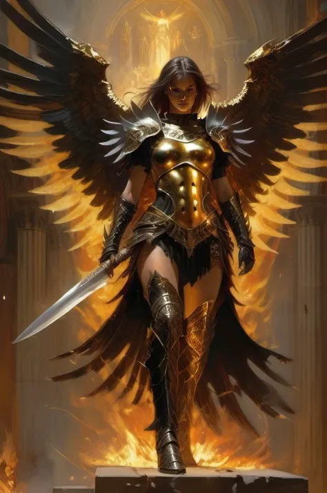 , <lora:Craig Mullins Style:1> Craig Mullins Style ,, epic female warrior on fire ablaze in black and gold armor with angel wings, horror christian cathedral, nighttime,
dungeons and dragons,
dungeons and dragons,