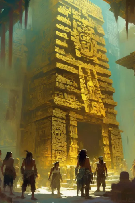 <lora:Craig Mullins Style:1>Craig Mullins Style - Pirates discover Aztec gold temple, illustration, soft colors, light, light colors. Artwork