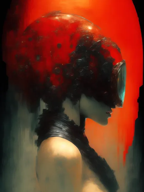 <lora:CraigMullins:1>fusion between Yoji Shinkawa and Donato Giancola and Beksinski, Female Space Marine, Profile, Mirrored Biotech Goggles, Dark, Stunning, dramatic, Red Gold white and black, vivid, Chiaroscuro, Jeremy Mann