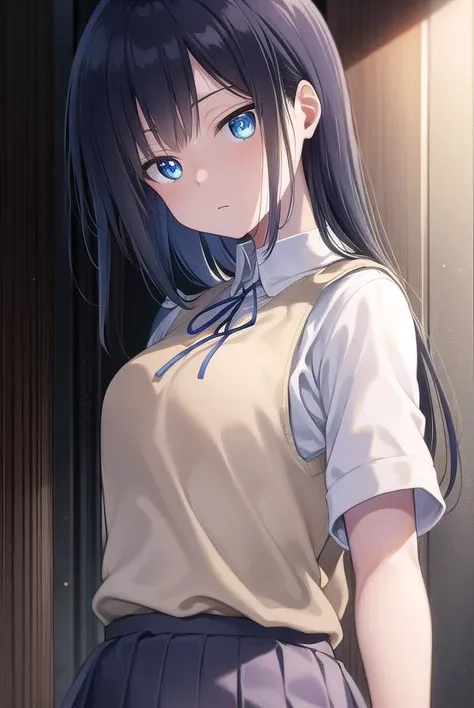 musumesan, <lyco:musumesan-lyco-nochekaiser:1>,
musume san, long hair, bangs, blue hair, blue eyes,
BREAK skirt, shirt, ribbon, school uniform, short sleeves, pleated skirt, vest, neck ribbon, sweater vest,
BREAK indoors,
BREAK looking at viewer, (cowboy shot:1.5),
BREAK <lyco:GoodHands-beta2:1>, (masterpiece:1.2), best quality, high resolution, unity 8k wallpaper, (illustration:0.8), (beautiful detailed eyes:1.6), extremely detailed face, perfect lighting, extremely detailed CG, (perfect hands, perfect anatomy),