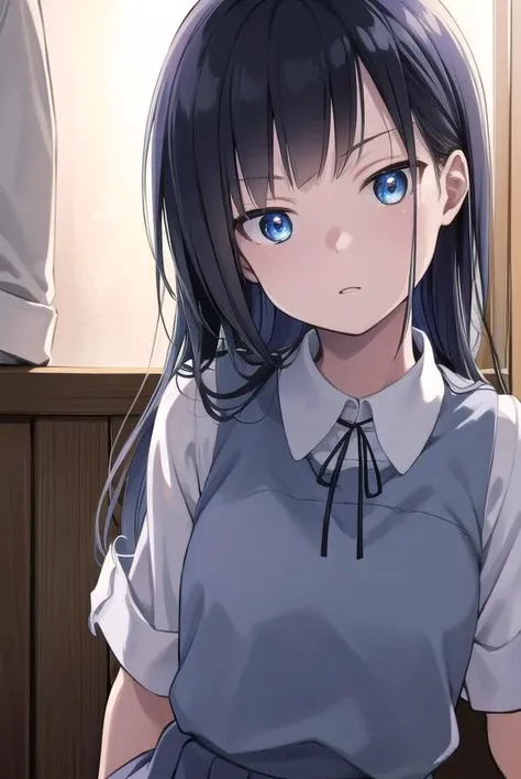 musumesan, <lyco:musumesan-lyco-nochekaiser:1>,
musume san, long hair, bangs, blue hair, blue eyes,
BREAK skirt, shirt, ribbon, school uniform, short sleeves, pleated skirt, vest, neck ribbon, sweater vest,
BREAK indoors,
BREAK looking at viewer, (cowboy shot:1.5),
BREAK <lyco:GoodHands-beta2:1>, (masterpiece:1.2), best quality, high resolution, unity 8k wallpaper, (illustration:0.8), (beautiful detailed eyes:1.6), extremely detailed face, perfect lighting, extremely detailed CG, (perfect hands, perfect anatomy),