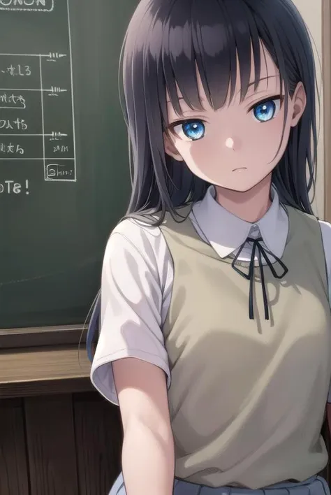 musumesan, <lyco:musumesan-lyco-nochekaiser:1>,
musume san, long hair, bangs, blue hair, blue eyes,
BREAK skirt, shirt, ribbon, school uniform, short sleeves, pleated skirt, vest, neck ribbon, sweater vest,
BREAK indoors,
BREAK looking at viewer, (cowboy shot:1.5),
BREAK <lyco:GoodHands-beta2:1>, (masterpiece:1.2), best quality, high resolution, unity 8k wallpaper, (illustration:0.8), (beautiful detailed eyes:1.6), extremely detailed face, perfect lighting, extremely detailed CG, (perfect hands, perfect anatomy),