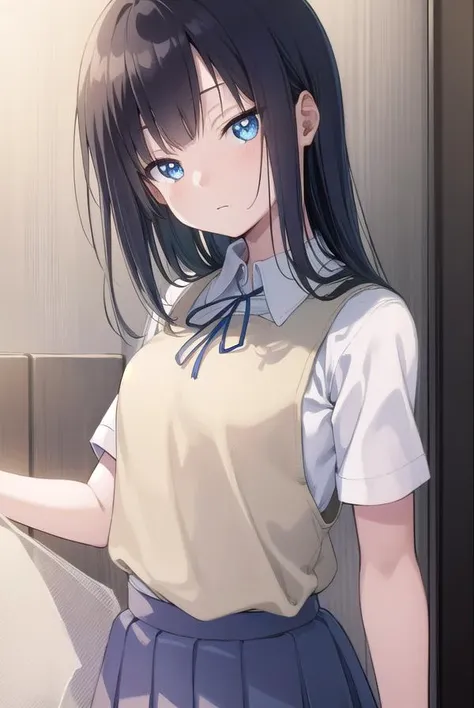 musumesan, <lyco:musumesan-lyco-nochekaiser:1>,
musume san, long hair, bangs, blue hair, blue eyes,
BREAK skirt, shirt, ribbon, school uniform, short sleeves, pleated skirt, vest, neck ribbon, sweater vest,
BREAK indoors,
BREAK looking at viewer, (cowboy shot:1.5),
BREAK <lyco:GoodHands-beta2:1>, (masterpiece:1.2), best quality, high resolution, unity 8k wallpaper, (illustration:0.8), (beautiful detailed eyes:1.6), extremely detailed face, perfect lighting, extremely detailed CG, (perfect hands, perfect anatomy),