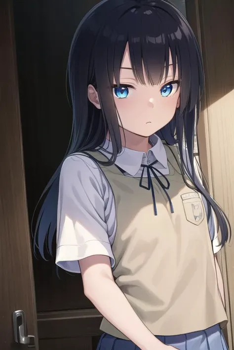 musumesan, <lyco:musumesan-lyco-nochekaiser:1>,
musume san, long hair, bangs, blue hair, blue eyes,
BREAK skirt, shirt, ribbon, school uniform, short sleeves, pleated skirt, vest, neck ribbon, sweater vest,
BREAK indoors,
BREAK looking at viewer, (cowboy shot:1.5),
BREAK <lyco:GoodHands-beta2:1>, (masterpiece:1.2), best quality, high resolution, unity 8k wallpaper, (illustration:0.8), (beautiful detailed eyes:1.6), extremely detailed face, perfect lighting, extremely detailed CG, (perfect hands, perfect anatomy),