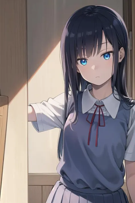 musumesan, <lyco:musumesan-lyco-nochekaiser:1>,
musume san, long hair, bangs, blue hair, blue eyes,
BREAK skirt, shirt, ribbon, school uniform, short sleeves, pleated skirt, vest, neck ribbon, sweater vest,
BREAK indoors,
BREAK looking at viewer, (cowboy shot:1.5),
BREAK <lyco:GoodHands-beta2:1>, (masterpiece:1.2), best quality, high resolution, unity 8k wallpaper, (illustration:0.8), (beautiful detailed eyes:1.6), extremely detailed face, perfect lighting, extremely detailed CG, (perfect hands, perfect anatomy),