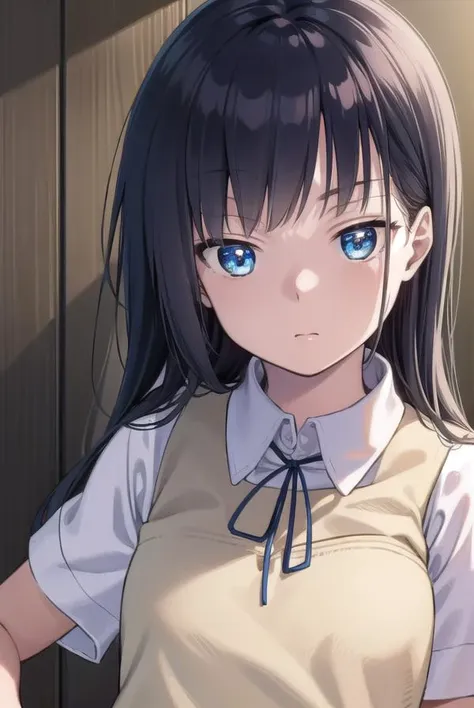 musumesan, <lyco:musumesan-lyco-nochekaiser:1>,
musume san, long hair, bangs, blue hair, blue eyes,
BREAK skirt, shirt, ribbon, school uniform, short sleeves, pleated skirt, vest, neck ribbon, sweater vest,
BREAK indoors,
BREAK looking at viewer, (cowboy shot:1.5),
BREAK <lyco:GoodHands-beta2:1>, (masterpiece:1.2), best quality, high resolution, unity 8k wallpaper, (illustration:0.8), (beautiful detailed eyes:1.6), extremely detailed face, perfect lighting, extremely detailed CG, (perfect hands, perfect anatomy),