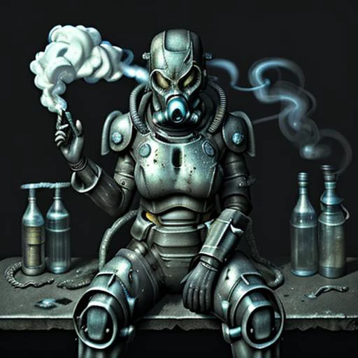 black background, science fiction, smoke, holding gun, damaged, chain, feet, helmet, sitting