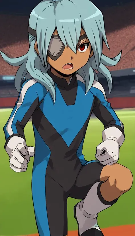 score_9, score_8_up, score_7_up, score_6_up, score_5_up, score_4_up, source_anime, david_samford, 1boy, solo, eyepatch, long hair, blue hair, dark skin, red eyes, standing on one leg, leg up, open hand, outstretched arm, outdoors, soccer field, stadium, open mouth, <lora:Sakuma_Jirou:0.75>, white gloves, gloves, bodysuit, dark emperors, boots, <lora:Dark_Emperors_Uniform:0.9>, gummo, <lora:GummoXLLocon:0.6>