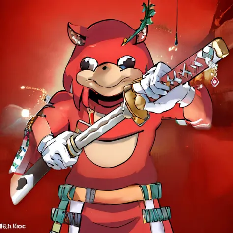 (masterpiece, best quality:1.2), UgandaKnuckles, red skin, white gloves, no humans, IncrsUnsheathingAKatanaMeme, sheath, holding sheath <lora:UgandaKnuckles:1> <lora:ChihiroUnsheathingAKatanaMeme:1>