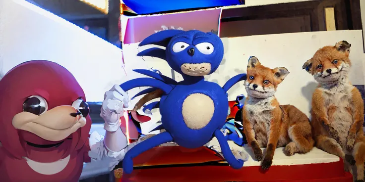 Highly detailed, High Quality, Masterpiece, beautiful, no humans,
BREAK UgandaKnuckles, <lora:UgandaKnuckles:1>, red skin, white gloves,
BREAK, Sanic, <lora:Char_Sonic_Sonic:0.8>,
BREAK TailsTheFox, animal, animal focus, <lora:Char_Sonic_CursedTails:0.6>