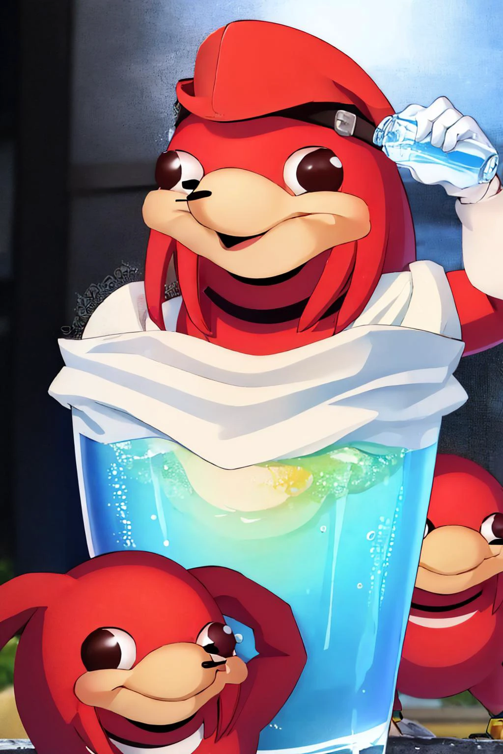 (masterpiece, best quality:1.2), UgandaKnuckles, red skin, white gloves, no humans, chugging, water bottle <lora:UgandaKnuckles:1> <lora:CONCEPT-Chugging:1>