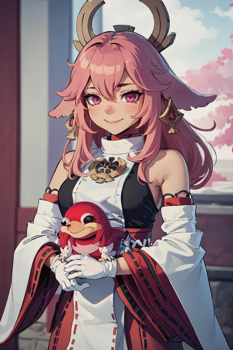 Highly detailed, High Quality, Masterpiece, beautiful, UgandaKnuckles, <lora:UgandaKnuckles:1>, red skin, white gloves, yae miko holding UgandaKnuckles, yae miko, pink eyes, long hair, pink hair, animal ears, <lora:Char_GenshinImpact_YaeMiko:1>