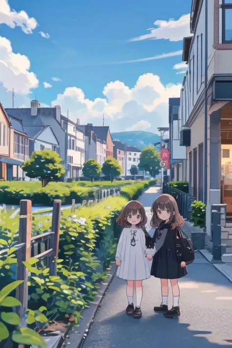 two girls standing on a street in front of a house