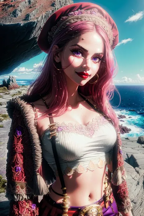 ultra realistic 8k cg, (((ultra detailed background, delicate pattern, intricate detail, highly detailed, fine details))), best quality, (photorealistic:1.4),beautiful lighting, absurdres, RAW photo, film grain, (((medium breasts, slim girl))), JewelryBonney, 1girl, solo, long hair, pink hair, hat, ((slim girl, medium breasts, hyperdetailed lips, lipstick)), red lips, (thighhighs, shorts, suspenders, boots, purple eyes), navel, smile, midriff, food, crop top, belt, grin, suspender shorts, ((complex detailed background, barren land, rocks, ocean, nature environment)), (((close-up, portrait))) <lora:DetailTweaker:0.5>, <lora:JewelryBonneyTest:0.7>, <lora:BeautifulDetailedEyes:0.6>