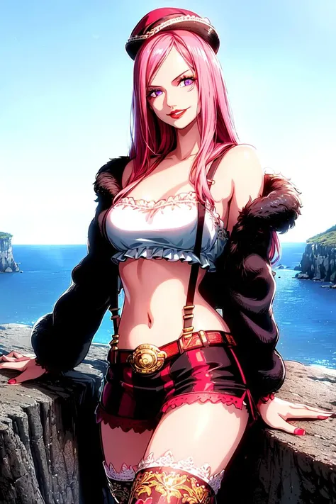 ultra realistic 8k cg, (((ultra detailed background, delicate pattern, intricate detail, highly detailed, fine details))), best quality, (photorealistic:1.4),beautiful lighting, absurdres, RAW photo, film grain, (((medium breasts, slim girl))), JewelryBonney, 1girl, solo, long hair, pink hair, hat, ((slim girl, medium breasts, hyperdetailed lips, lipstick)), red lips, (thighhighs, shorts, suspenders, boots, purple eyes), navel, smile, midriff, food, crop top, belt, grin, suspender shorts, ((complex detailed background, barren land, rocks, ocean, nature environment, close-up, portrait)), <lora:DetailTweaker:0.5>, <lora:JewelryBonneyTest:0.7>