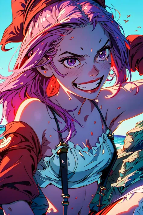 ultra realistic 8k cg, (((ultra detailed background, delicate pattern, intricate detail, highly detailed, fine details))), best quality, (photorealistic:1.4),beautiful lighting, absurdres, RAW photo, film grain, (((medium breasts, slim girl))), JewelryBonney, 1girl, solo, long hair, pink hair, hat, ((slim girl, medium breasts, hyperdetailed lips, lipstick)), red lips, (thighhighs, shorts, suspenders, boots, purple eyes), navel, smile, midriff, food, crop top, belt, grin, suspender shorts, ((complex detailed background, barren land, rocks, ocean, nature environment)), (((close-up, portrait))) <lora:DetailTweaker:0.5>, <lora:JewelryBonneyTest:0.7>, <lora:BeautifulDetailedEyes:0.6>