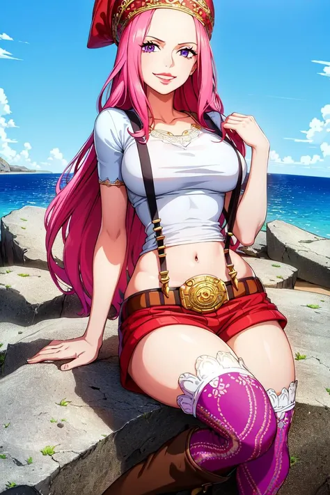 masterpiece, ((ultra detailed background, delicate pattern, intricate detail)), (highly detailed, fine details), best quality, beautiful lighting, (((medium breasts, slim girl, very slim girl))), (portrait),  JewelryBonneyV2, 1girl, solo, long hair, pink hair, hat, ((slim girl, medium breasts, hyperdetailed lips)), red lips, (covered shoulders, thighhighs, shorts, suspenders, boots, purple eyes, white T-shirt, simple T-shirt), belt, grin, suspender shorts, complex detailed background, barren land, rocks, ocean, nature environment,  <lora:JewelryBonneyV2:0.7>