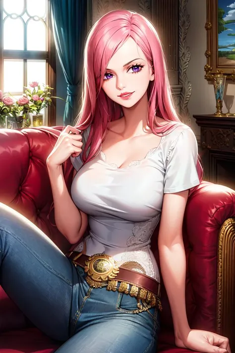 masterpiece, ((ultra detailed background, delicate pattern, intricate detail)), (highly detailed, fine details), best quality, beautiful lighting, (((medium breasts, slim girl, very slim girl))), (portrait), JewelryBonneyV2, 1girl, solo, long hair, pink hair, ((slim girl, medium breasts, hyperdetailed lips)), red lips, (boots, purple eyes, white T-shirt, simple T-shirt, jeans), belt, grin, complex detailed background, inside, castle room environment, medieval castle, gray walls, window, <lora:JewelryBonneyV2:0.7>