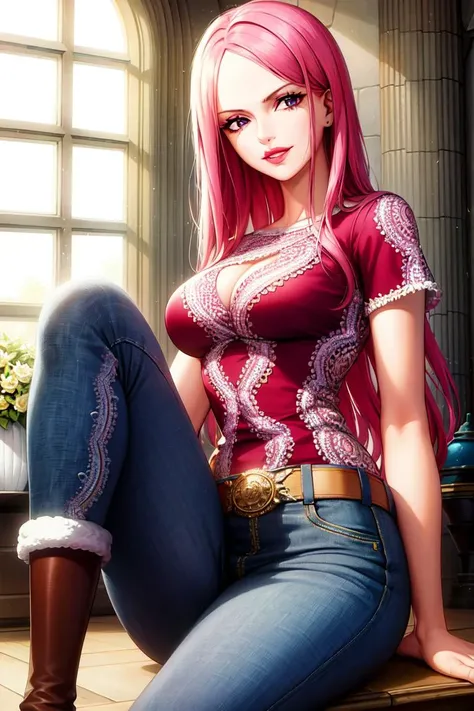 masterpiece, ((ultra detailed background, delicate pattern, intricate detail)), (highly detailed, fine details), best quality, beautiful lighting, (((medium breasts, slim girl, very slim girl))), (portrait),  JewelryBonneyV2, 1girl, solo, long hair, pink hair, ((slim girl, medium breasts, hyperdetailed lips)), red lips, (boots, purple eyes, white T-shirt, simple T-shirt, jeans), belt, grin, complex detailed background, inside, castle room environment, medieval castle, gray walls, window, <lora:JewelryBonneyV2:0.7>