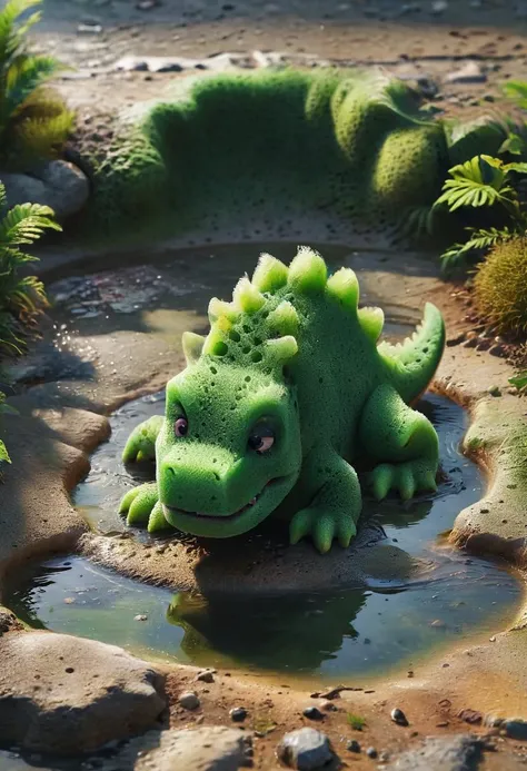 green flat dinosaur sponge figure , in a water puddle going to a manhole, HD, masterpiece, best quality, hyper detailed, ultra detailed, super realistic, OverallDetail-SDX,L , <lora:add-detail-xl:1>, <lora:xl_more_art-full_v1:0.5>, <lora:ral-ktchzpong-sdxl:1>