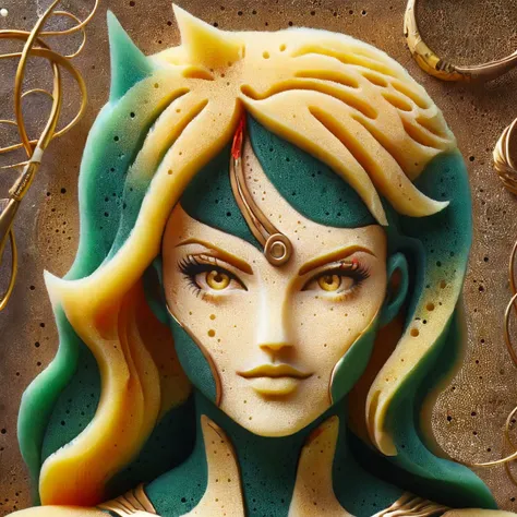 ral-ktchzpong portrait of a (ral-colorswirl:0.5) perforated beryl female superhero, bronze wire edging, <lora:ral-ktchzpong:1.1> <lora:ral-colorswirl:0.5>