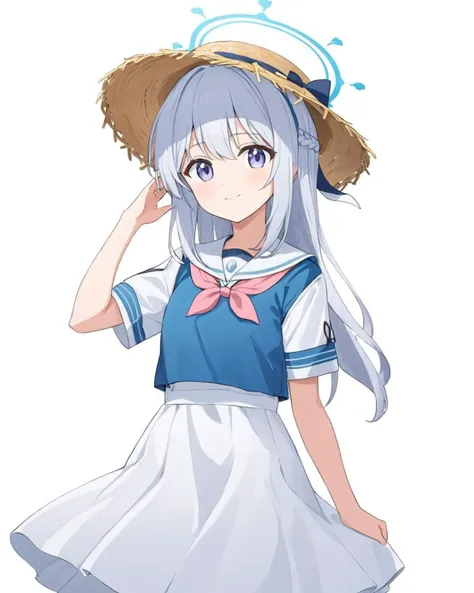 miyako \(blue archive\),1girl, solo, halo, white_background, simple_background, smile, looking_at_viewer, short_sleeves, hand_on_headwear, white_dress, closed_mouth, sailor_dress, arm_behind_back, neck_ribbon, straw_hat, blue_sailor_collar, standing, sun_hat
<lora:miyako_(blue_archive)_image1831_2023-11-28-000012:1>halo. gorgeous,key visual, vibrant, studio anime,award-winning, professional, highly detailed,high budget, cinemascope