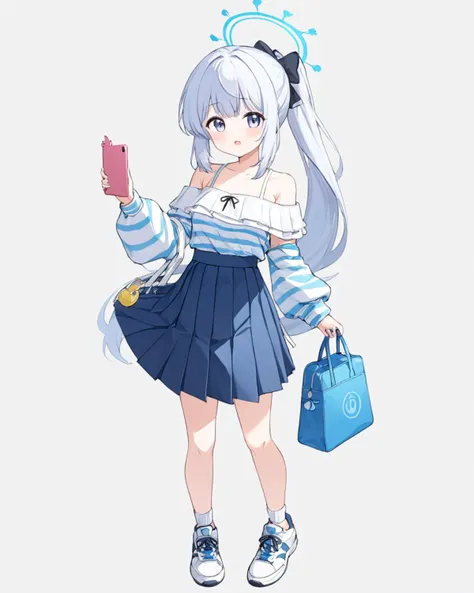 miyako \(blue archive\),1girl, white_socks, solo, holding_phone, halo, white_footwear, full_body, bag, pleated_skirt, sneakers, hair_bow, white_background, blush, waving, black_bow, alternate_costume, smartphone, blue_skirt, looking_at_viewer, standing, ponytail, off-shoulder_shirt, black_skirt, simple_background, blue_bow, open_mouth, hand_up, \\||/, sweater, white_shirt, bare_shoulders, casual, sidelocks, puffy_long_sleeves, striped_shirt
<lora:miyako_(blue_archive)_image1831_2023-11-28-000012:1>halo. gorgeous,key visual, vibrant, studio anime,award-winning, professional, highly detailed,high budget, cinemascope